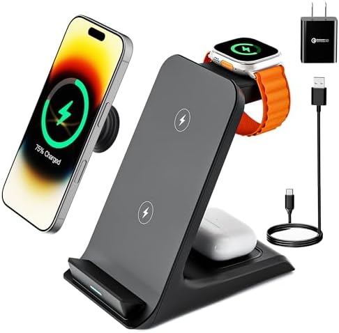 Transform Your Charging Routine with Our Premium 3-in-1 Wireless Charging Dock – Perfectly Engineered for Thick-Cased Devices Including Otterbox & Popsocket, Seamlessly Compatible with i Phone 12-16 Pro Max, Apple Watch, and Air Pods – Fast, Elegant, and Space-Saving Multi-Device Charger for Home or Office