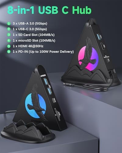 Experience Unmatched Connectivity with the 8-in-1 USB C Hub Multiport Adapter – 4 K HDMI Output, 100 W Power Delivery, and Vibrant RGB Lighting for Mac Book, Surface & i Mac – Effortless File Transfers with USB-A 3.0, USB-C, and SD Card Reader – Your Go-To Accessory for Enhanced Productivity and Seamless Device Integration