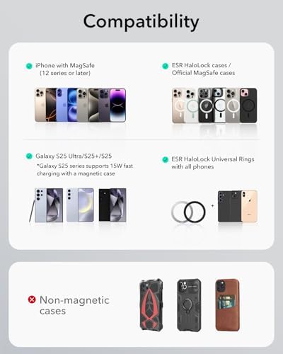 Magnetic Phone Ring Holder with 2-Way Adjustable Stand for i Phone and Galaxy – ESR Halo Lock Grip for Enhanced Stability, Secure Comfort, and Effortless Wireless Charging – Premium Zinc-Alloy Design, 1,200 g Magnetic Hold, Versatile Portrait/Landscape Viewing – Ideal for Caseless Phones and Mag Safe Cases – Black Finish for Modern Aesthetics
