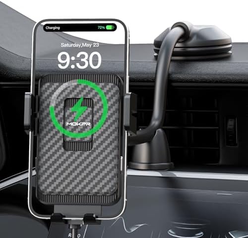 MOKPR 15 W Wireless Car Charger & Auto-Clamping Phone Holder – Fast Charging Dashboard & Windshield Mount for i Phone 15/14/13 Series & Samsung S23/S22/S10 – Effortless One-Hand Operation with Enhanced Safety Features for Seamless Navigation and Hands-Free Calls