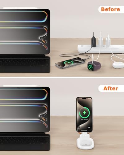 Magnetic 3-in-1 Wireless Charging Station for i Phone 12/13/14/15/16, Fast 15 W Foldable Charger for Apple Watch & Air Pods – Portable Multi-Device Power Hub in Sleek White Finish for Travel Convenience & Enhanced Compatibility