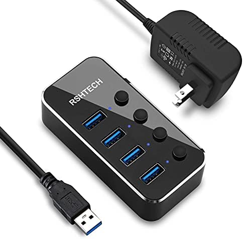 Elevate Your Connectivity with the RSHTECH 4 Port USB C to USB 3.0 Hub Expander – Sleek Aluminum Powered Splitter with 5 V AC Adapter & Individual On/Off Control for High-Speed Data Transfer (RSH-516-C) – Perfect for Professionals & Multitaskers