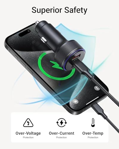 AKNSN 90 W Multi-Port Car Charger – Ultra-Fast USB-C & USB-A Charging for i Phone 16/15/14/13 Pro Max, i Pad, Mac Book, Samsung, Google Pixel – Smart Charge Technology with PD3.0 & QC3.0 Compatibility for Optimal Device Performance and Safety