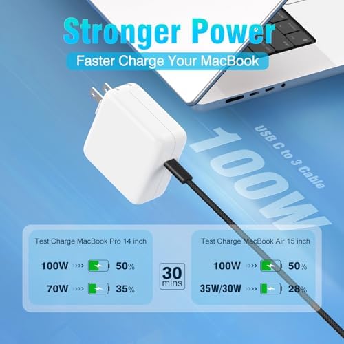 Compact Power Adapter for Mac Book Pro & Air – 6.6 FT Braided USB-C Charger with LED Indicator, Starlight Finish, Fast Charging for 2021-2025 Models, Enhanced Safety Features, Reliable Performance for Home & Travel Use