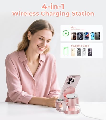 Sleek 4-in-1 Wireless Charging Station with Night Lamp – Fast Aluminum Alloy Charger Dock for i Phone 16/15/14/13/12, Apple Watch & Air Pods – Multi-Device Convenience in Stylish Grey Finish – Ideal for Decluttering Nightstands and Workspaces