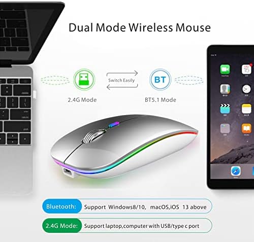 TENMOS Sleek LED Bluetooth Mouse – Ultra-Quiet Rechargeable Wireless Mouse with Type C Adapter for Laptops, Mac Books & i Pads – Bluetooth 5.1 & 2.4 GHz Universal Compatibility in Vibrant Blue – Perfect for Home, Office, and On-the-Go Productivity