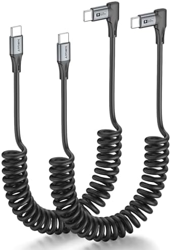 SUNGUY Coiled USB C to USB-C Cable 4FT, [2-Pack] Right Angle 90 Degree USBC to USBC Android Auto Carplay Cord for Car, for iPhone 16 15 Pro/Pro Max, Galaxy S24 S23 S22 (Grey) – Enhanced Compatibility and Speed