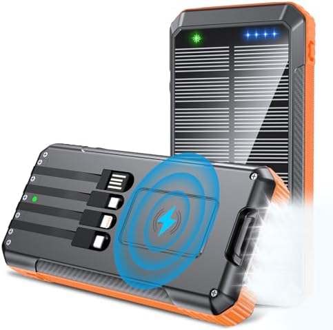 High-Capacity Solar Power Bank with 52800 m Ah – Fast Wireless Charger Featuring 4 Built-In Cables, 7 Outputs, and 22.5 W Quick Charge – Dual Flashlights for Outdoor Adventures (Vibrant Orange) – Ultimate Versatility for All Mobile Devices