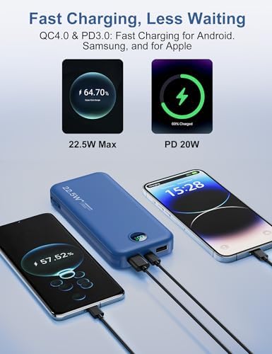 Ultra-Fast Portable Phone Charger with 12000 m Ah Capacity – All-in-One Power Bank with Integrated Cables, Wall Plug, and LED Display for i Phone, i Pad, Samsung – Essential Travel Companion for Uninterrupted Connectivity