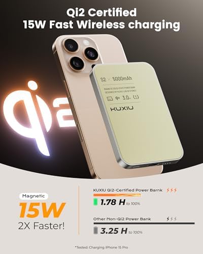 Ultra-Slim Titanium Mag-Safe Power Bank – 15 W Qi2-Certified Wireless Charger with 5000 m Ah Fast Charging for i Phone 12-16 Series – Lightweight Solid-State Battery Pack for Efficient On-The-Go Power