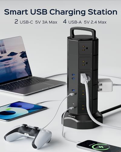 JACKYLED 20-Outlet Power Strip Tower Surge Protector with 6 Fast USB Ports – 1050 Joules Safety Shield, 13 A Desktop Charging Station with 6.5 ft Heavy-Duty Cord, Elegant Black Walnut Design for Home, Office & Garage Use – Ultimate Device Power Solution
