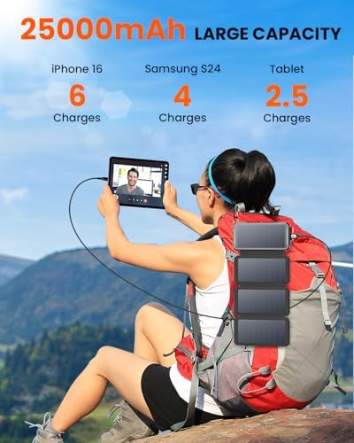 Ultimate SOARAISE 25000 m Ah Solar Power Bank: Fast Wireless Charging with Built-in Cables, Dual USB Outputs, 4 Solar Panels & Triple LED Flashlights for Outdoor Adventures – Reliable Portable Charger for Camping & Emergencies