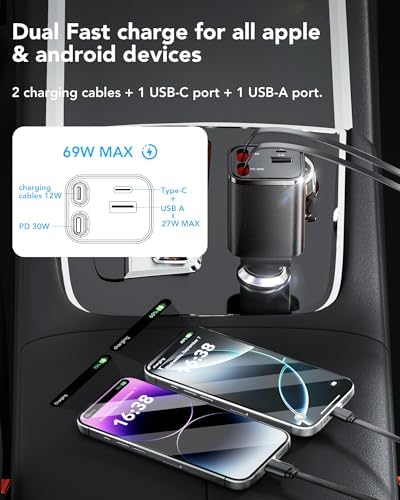 2025 Ultra-Compact 4-in-1 Retractable Car Charger – 69 W Fast Charging Adapter for i Phone 16, Galaxy and More – Innovative Space-Saving Design with Multiple Ports for Simultaneous Device Powering – Essential Car Accessory for Daily Commutes and Road Trips