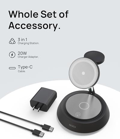 SODI 3-in-1 Magnetic Wireless Charging Station with Ambient Light – 15 W Fast Charger for i Phone 16, 15, 14, 13, 12 Pro/Max, Air Pods & Apple Watch – Sleek Design for Effortless Device Organization and Enhanced Charging Efficiency