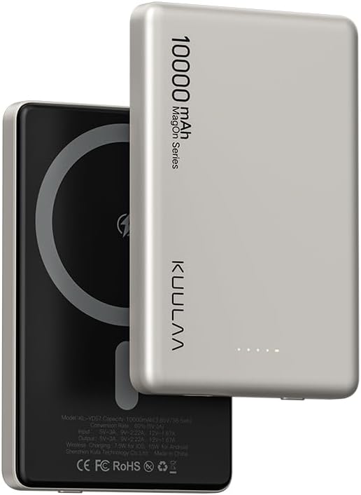 Ultra-Slim Kuulaa 10000 m Ah Mag Safe Power Bank – Fast Wireless Charger for i Phone 16/15/14/13/12 Series – Effortless Magnetic Alignment for On-the-Go Charging – High-Capacity Portable Battery Pack with LED Status Indicator