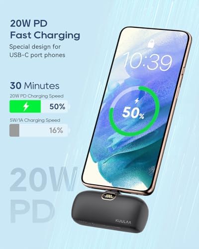 Kuulaa 5000 m Ah USB-C Power Bank with Built-in Plug – PD20 W Fast Charging Battery Pack for i Phone 15/16, Samsung S22/S23 & Android Devices – Compact Design with LCD Display for On-the-Go Convenience and Enhanced Compatibility