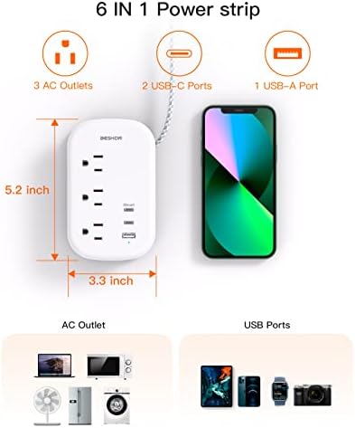 BESHON Ultra Flat USB C Travel Power Strip – Versatile 3 AC Outlets & 3 USB Ports (2 USB-C) with 3.2 ft Tangle-Free Extension Cord for Seamless Charging on Cruise Ships & Travel – Essential Compact Power Solution in Grey for On-the-Go Connectivity and Device Protection