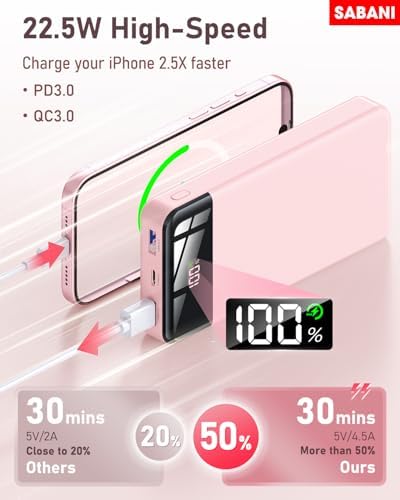 SABANI 35000 m Ah Power Bank – All-in-One Portable Charger with 4 Integrated Cables, 22.5 W Fast Charging for i Phone 16/15/14/13 & Samsung Android Devices – Ultimate On-the-Go Battery Solution in Sleek Black Design for Seamless Connectivity and Reliability