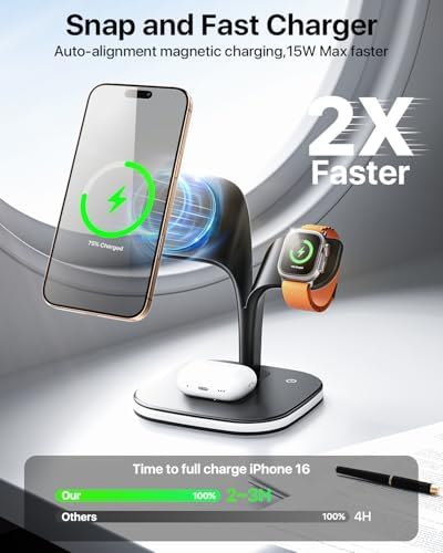 Revolutionary EXW Multi-Device Wireless Charging Hub: High-Performance Mag Safe Charger for i Phone 16/15/14/13/12, Apple Watch Series 1-9, and Air Pods – Sleek Black Finish with LED Charging Indicator & Complimentary Adapter for Effortless Device Management