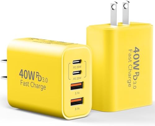 40 W USB C Charger Block – Dual Pack of 4-Port Fast Charging Power Bricks with PD & QC 3.0 Technology for i Phone 16/15/14/13/12/11 Pro Max, i Pad, Galaxy, Pixel – Sleek White & Blue Design for Convenient Multi-Device Charging