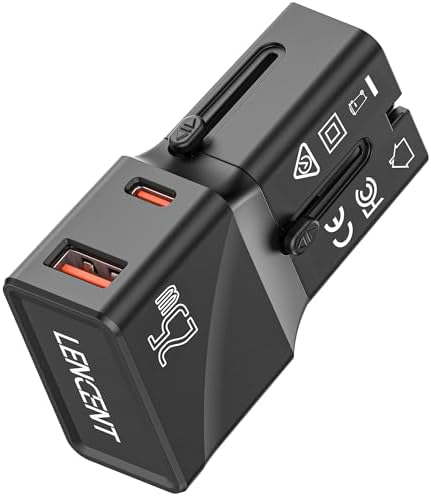 LENCENT Global Travel Power Adapter – Compact High-Speed PD 20 W & QC 3.0 Universal Charger for Seamless International Use – Lightweight Outlet Converter for US, UK, EU, Japan & More – Essential Fast Charging Solution for World Travelers