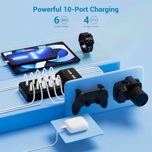 Maximize Your Charging Potential with the 10-Port USB Charger Block – 100 W Fast Charging Hub for i Phones, i Pads, Samsung Galaxy, and Android Devices – Sleek, Compact Design with Smart Power Distribution and Enhanced Safety Features for Multi-Device Families and Professionals