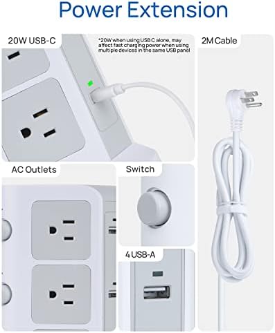 KOOSLA Power Strip Tower – 12 AC Outlets & 6 High-Speed USB Ports with 15 A Surge Protection – 6.5 ft Heavy-Duty Extension Cord for Home Office & Dorm Room – Compact Design for Efficient Power Distribution – Versatile Charging Station for Multiple Devices