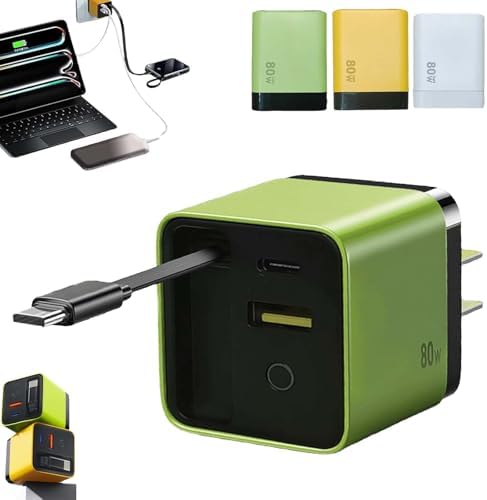 Revolutionary 80 W Ga N 3-in-1 Fast Charger with Retractable Design, Type C Cable & Dual USB Ports – Ultimate Travel Companion for Phones & Laptops in Sleek Yellow Finish – Enhanced Compatibility & Efficiency for Modern Charging Needs