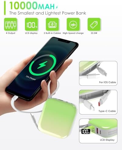 Ultra-Compact 10,000 m Ah Portable Power Bank – 22.5 W Fast Charging with Built-in i OS & USB-C Cables, Sleek LED Display, Lightweight Travel Charger for i Phone, Samsung & Android Devices – Stylish Purple Design for Modern Users