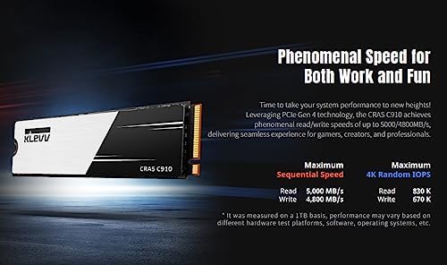 Unleash Lightning-Fast Performance with KLEVV CRAS C910 1 TB NVMe SSD – M.2 2280 Internal Drive with Heatsink for Laptops & Desktops – Experience Up to 5000 MB/s Speeds, Ideal for Gamers and Creators – PCIe Gen4 x4 Enhanced Compatibility & Reliability