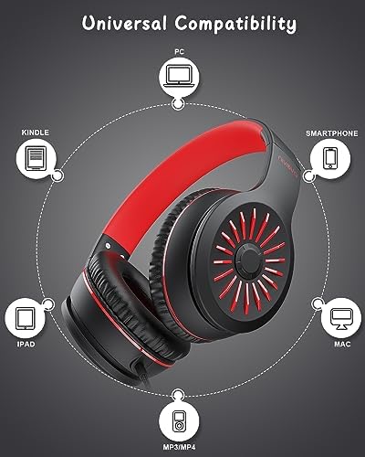 K16 Kids’ Foldable Wired Headphones with Microphone – Lightweight On-Ear Stereo Bass Design in Vibrant Pink and Red for School, Gaming, and Tablet Use – Compatible with Kindle, Chromebook & More – Durable Comfort for All-Day Listening