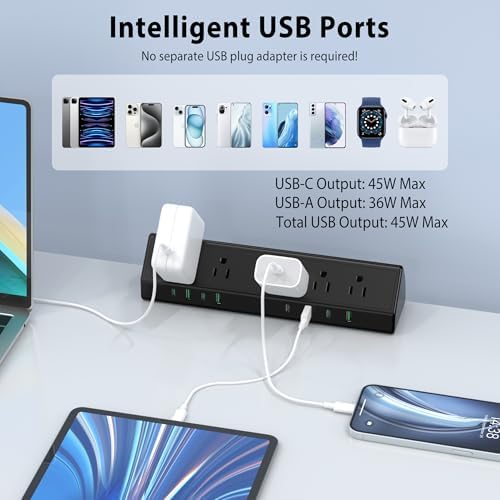 Maximize Efficiency with the 45 W Desk Clamp Charging Station – 4 PD USB-C Ports & 5 AC Outlets, ETL Listed Surge Protector for Ultimate Device Protection, 14 AWG Heavy-Duty Cord, Secure Fit for 1.9″ Tabletops (Black, 6 FT Cable) – Your All-in-One Power Solution for Home and Office