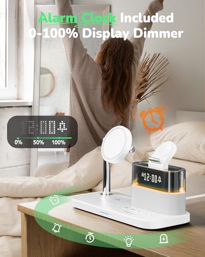 Ultimate 5-in-1 Wireless Charging Station with Alarm Clock and Night Light – Sleek Mag-Safe Dock for i Phone 16/15/14/13/12, Apple Watch & Air Pods – Fast Charging & Space-Saving Design for Nightstand Organization