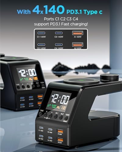 240 W Multi-Device Charging Station: 8-Port USB-C & Wireless Charger for i Phone, Mac Book, Android, i Pad – Fast, Safe Power Hub with Time Display & Smart Protection Features for Home & Office Organization