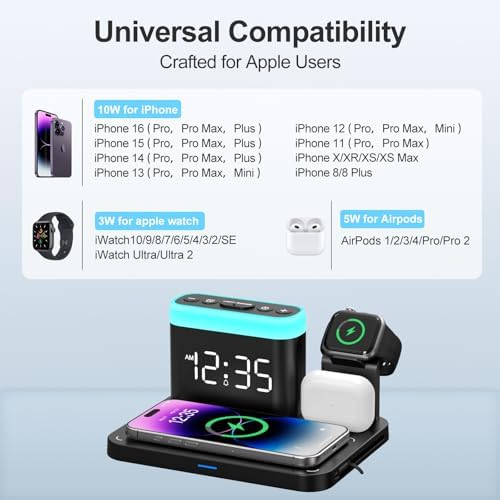 Revolutionize Your Charging Experience with the ANJANK 5-in-1 Wireless Charging Station: Multifunctional Dock for i Phone 16/15/14/13/12 Pro Max, Apple Watch & Air Pods with Adjustable Night Light and Built-In Alarm Clock for Seamless Device Management and Enhanced Ambiance