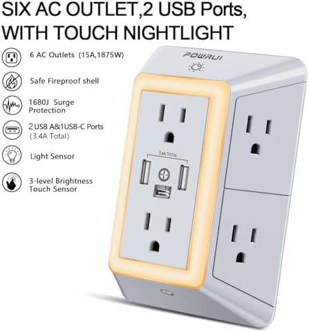 Maximize Your Charging Efficiency with the POWRUI 6-Outlet Extender & USB Wall Charger – Versatile Surge Protector with Dual 2.4 A USB Ports, Integrated Night Light, 3-Sided Design for Optimal Space Utilization, ETL Certified Safety, Ideal for Home and Office Use