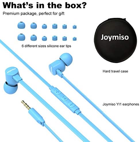 Joymiso Tangle-Free Earbuds for Small Ears – Lightweight In-Ear Headphones with Mic & Volume Control for Kids and Women – Stylish Blue Wired Earbuds with Comfortable Fit & Tangle-Free Flat Cable for Effortless Listening on Cell Phones & Laptops