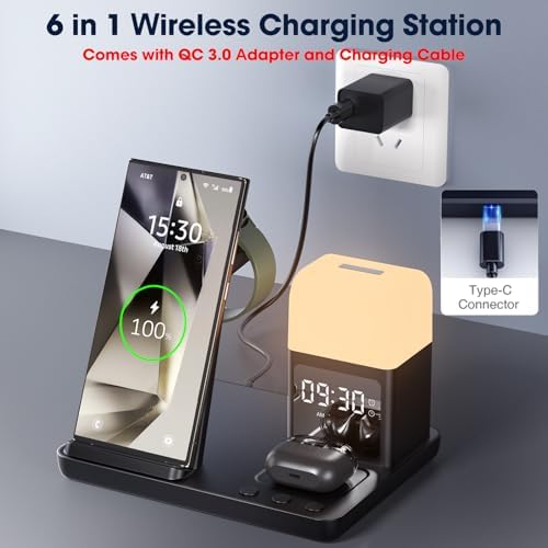 Ultimate 6-in-1 Wireless Charging Station for Samsung Devices – Stylish Purple Design with Alarm Clock and Night Light Functionality – Fast Charging for Galaxy S25/S24/S23 Ultra Series, Galaxy Watch 7/6/5/4, and Galaxy Buds – Ideal for Home or Office Use – Enhanced Safety Features and Adjustable Brightness Settings – Tidy Up Your Space with This Multi-Device Charger – Compatible with USB-C, Perfect for Samsung Users Seeking Convenience and Efficiency – Say Goodbye to Clutter and Hello to Seamless Charging Experience!