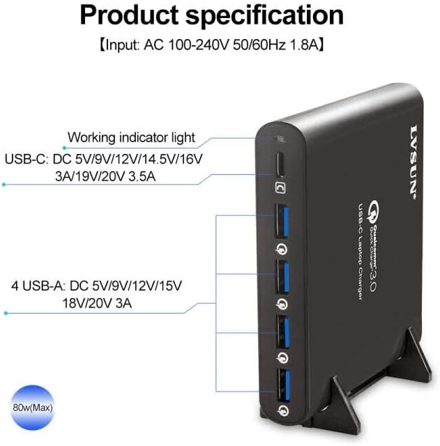 Power Up Efficiently: 80 W PD USB-C Laptop Charger with 5-Port Charging Station – Universal Compatibility for Mac Book, i Pad, i Phone, and More – Quick Charge 3.0 for Rapid Device Charging – Ideal for Home, Office, and Travel
