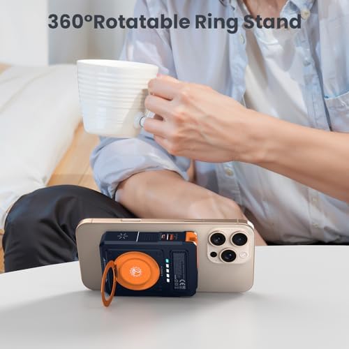 Magnetic 5-in-1 Power Bank with Built-in AC Plug – 10,000 m Ah Mag Safe Battery Pack for i Phone 16/15/14/13/12 Mini, Apple Watch & Air Pods – 22.5 W Fast Wired & 15 W Wireless Charging with 360° Rotating Stand – Effortless Convenience & Advanced Safety Features for On-the-Go Users