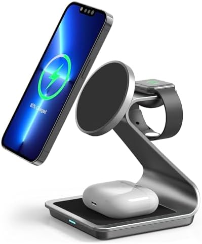 Ultimate 3-in-1 Mag Safe Wireless Charging Station – Premium Aluminum Alloy Charger for i Phone 14/13/12, Apple Watch & Air Pods Pro/3/2 – Fast Charging & Sleek Design with USB-C Cable Included – Ideal for Home, Office, or Travel