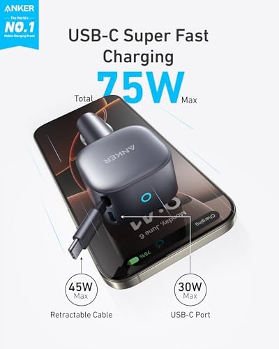 Anker 75 W Ultra-Compact USB-C Car Charger with Retractable Cable – Fast Charging for i Phone 15/14, Samsung S24/S23, Mac Book Pro/Air, and More – Dual Device Power, Clutter-Free Convenience for Road Trips and Daily Commutes