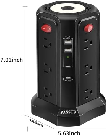 PASSUS 16 FT Long Surge Protector Power Strip with USB-C Fast Charging & Built-in Night Light – Versatile Charging Station for Home & Office with 4 USB Ports, Compact Tower Design, and Enhanced Surge Protection