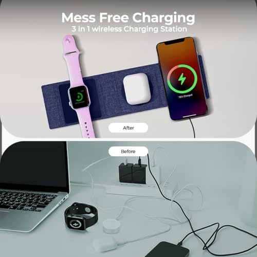 ZTAR 3-in-1 Wireless Travel Charger: Ultimate Mag Safe-Compatible Charging Pad for i Phone 16/15/14/13/12, Samsung Galaxy, Air Pods & Apple Watch – Portable Foldable Design for Effortless Travel & Rapid Multi-Device Charging
