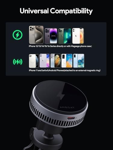 Efficient Magnetic Car Charger with Active Cooling – 15 W Qi2 Fast Charge for Mag Safe Devices – Universal Air Vent Mount for i Phone 16/15/14/13/12 – Optimal Performance & Enhanced Compatibility for Safe Driving