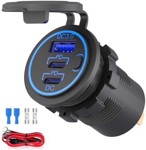 Mec Recare 12 V USB Outlet – Waterproof Dual PD 3.0 & Quick Charge 3.0 Charging Port for Marine, RV, Golf Cart & Motorcycle – Enhanced Durability and Fast Charging Power Switch for 12/24 V Systems