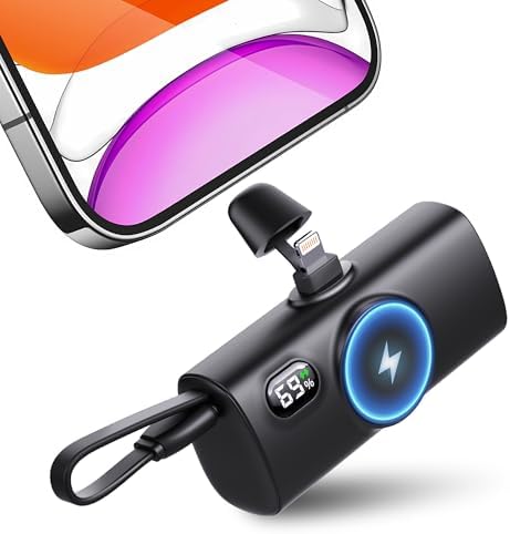 5000 m Ah Ultra-Compact Fast Charging Power Bank with Integrated USB-C Cable for i Phone, Apple Watch & Samsung – Sleek Black Portable Mini Charger for Effortless On-the-Go Energy Solutions