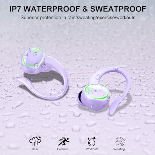 Ultimate Bluetooth 5.4 Sports Earbuds with 50-Hour Playtime, IP7 Waterproof Design, and Enhanced Deep Bass – Perfect for Fitness Enthusiasts and Runners in Vibrant Purple, Engineered for Unmatched Comfort and Superior Noise Cancellation