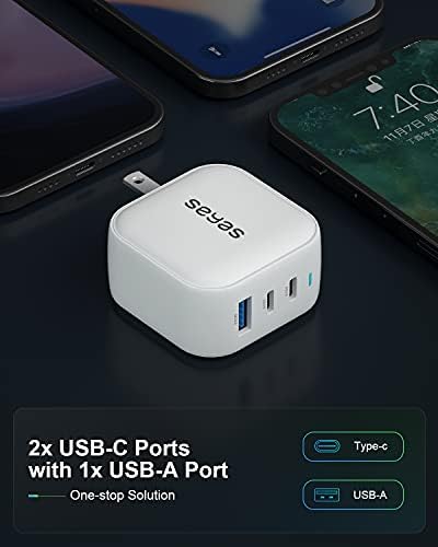 Seyas 66 W Ga N Fast Wall Charger – Compact USB-C Power Adapter with 3 Ports for Rapid Charging of i Pad Pro, Air Pods Pro, Nintendo Switch, Samsung Devices & More – Foldable Design for Ultimate Portability and Enhanced Power Delivery Efficiency