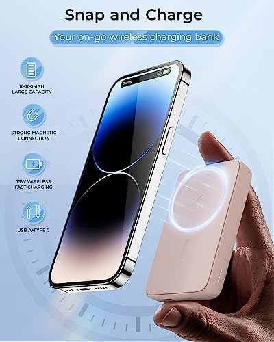 BENKS 10,000 m Ah Magnetic Power Bank – Ultra-Fast Wireless Charger for i Phone 15/14/13/12 Series, Mag Safe-Compatible, Sleek Pink Design with Dual 20 W USB-C Ports for Rapid Charging and Enhanced Portability